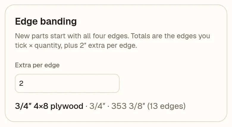 CutBore Shop tab edge banding total: 353 3/8 inches over 13 edges with 2 inches extra per edge