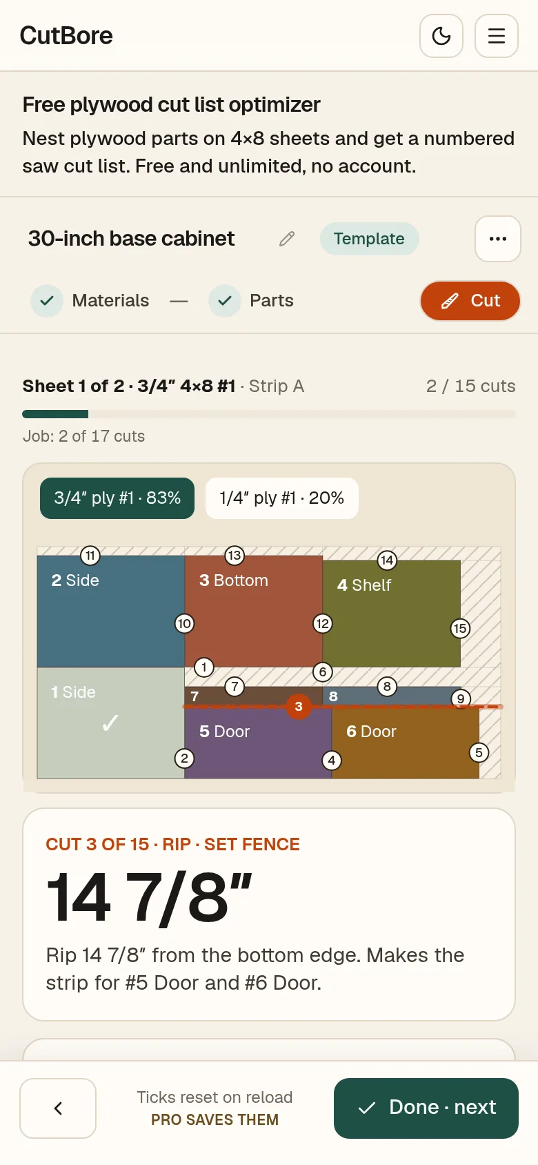 CutBore cut mode on a phone at cut 3 of 15: rip, set fence 14 7/8 inches