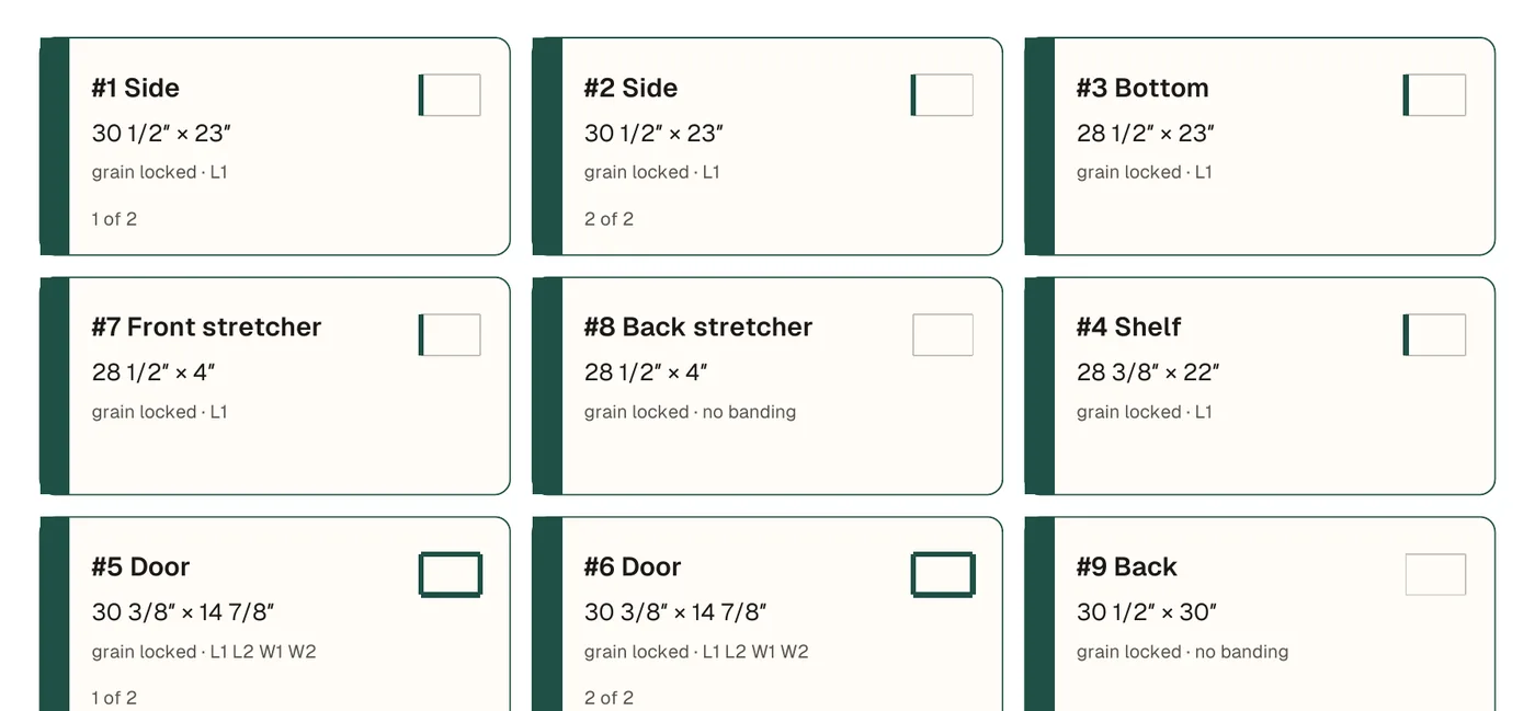 The first nine CutBore part labels, three across, cropped from a labels PDF page