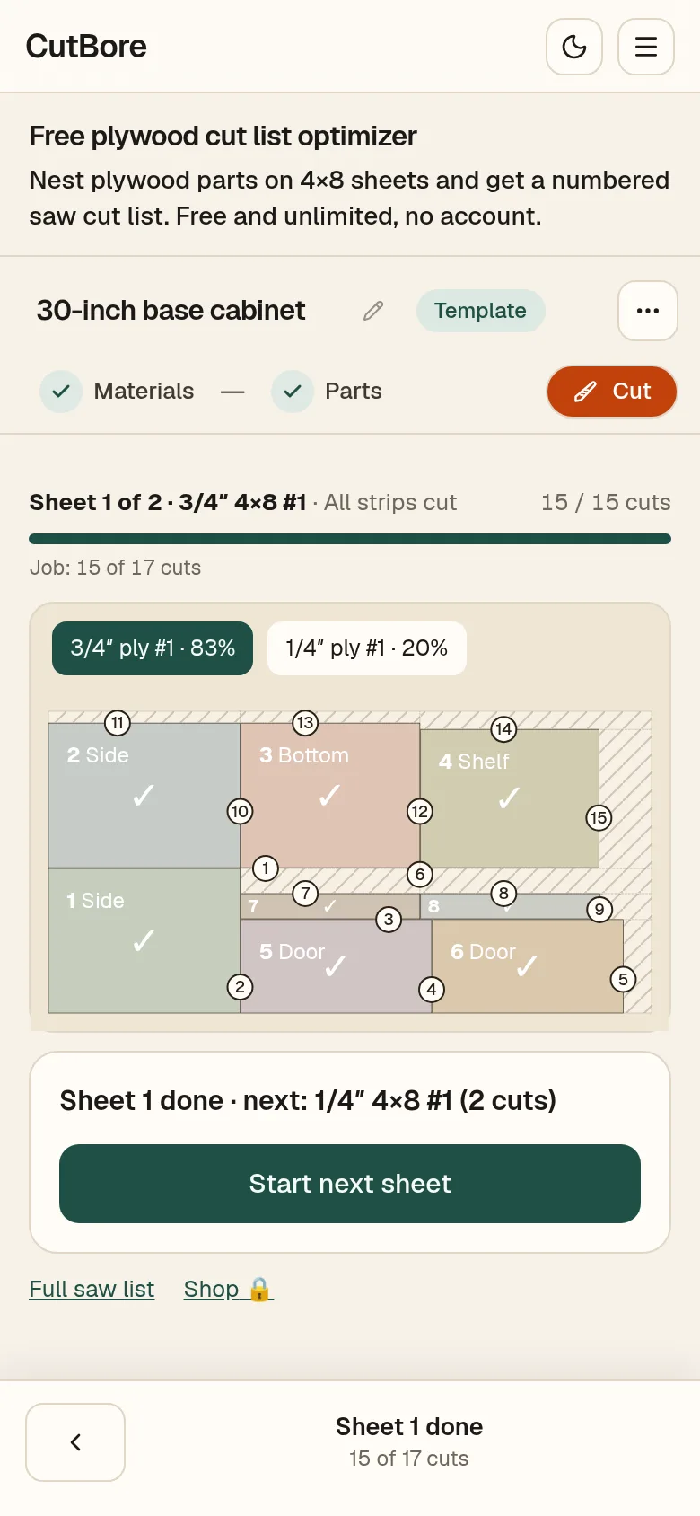 CutBore Sheet 1 done card with a Start next sheet button